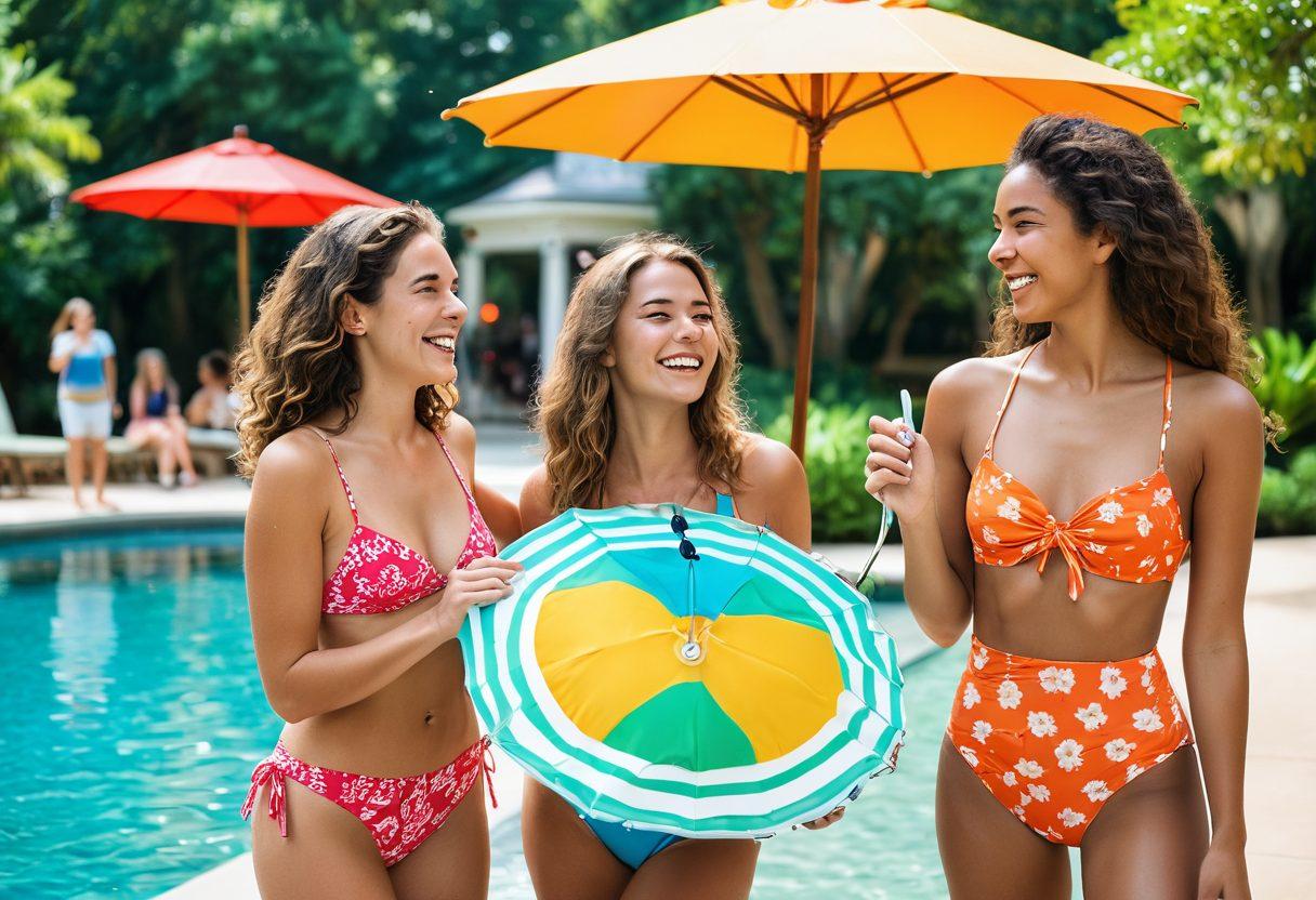 A beautiful college campus with students laughing and sharing moments by a vibrant swimming pool, capturing the essence of young love and friendships. Incorporate stylish swimwear and accessories, focusing on confident individuals gracefully navigating their relationships. The background should feature lush greenery, sun-drenched pathways, and colorful beach umbrellas. whimsical cartoon style. bright colors. cheerful atmosphere.